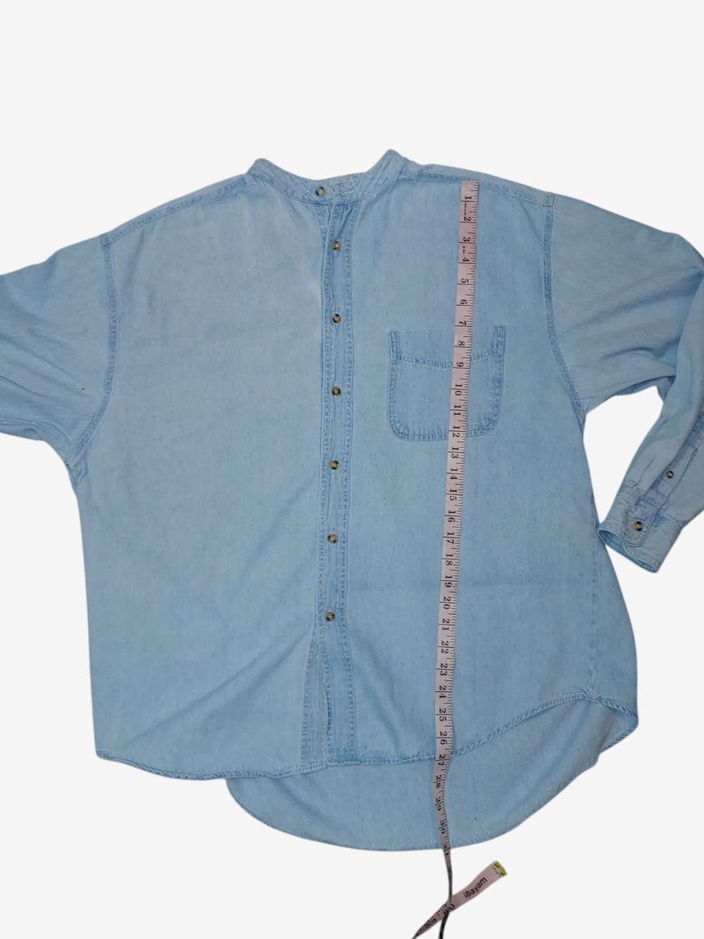 Light Wash Denim Button-Up Shirt, No Collar - Picture 3 of 4